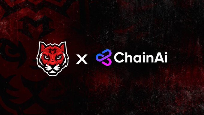 A promotional collaboration graphic showing a tiger/predator logo with 'X ChainAi' branding on a dark red textured background.