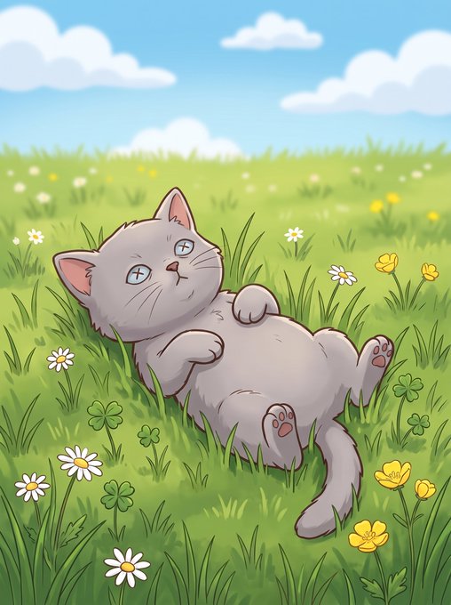 An illustration of a fluffy white cat lying on its back in a green meadow with white daisies and yellow buttercups.