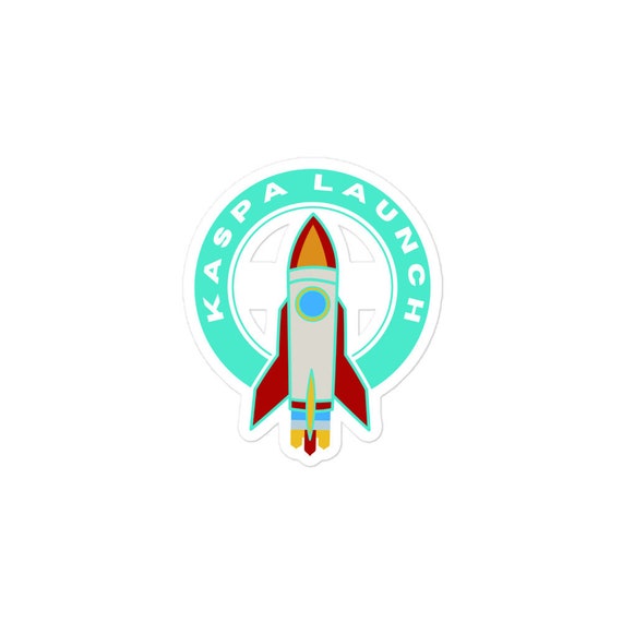 A circular logo/sticker design in teal featuring a stylized rocket ship with the text 'KASPA LAUNCH' arched around it.