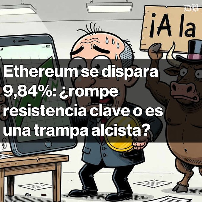 Cartoon image showing a nervous sweating man in a suit holding a magnifying glass examining a smartphone displaying a green upward chart, while a bull wearing a top hat stands beside him with a sign reading "¡A la". Overlay text reads: "Ethereum se dispara 9,84%: ¿rompe resistencia clave o es una trampa alcista?" referencing Ethereum's 9.84% surge to $2,081.09 and the accompanying post's discussion of breaking the SMA-200 at $2,004.08 as a key technical milestone.