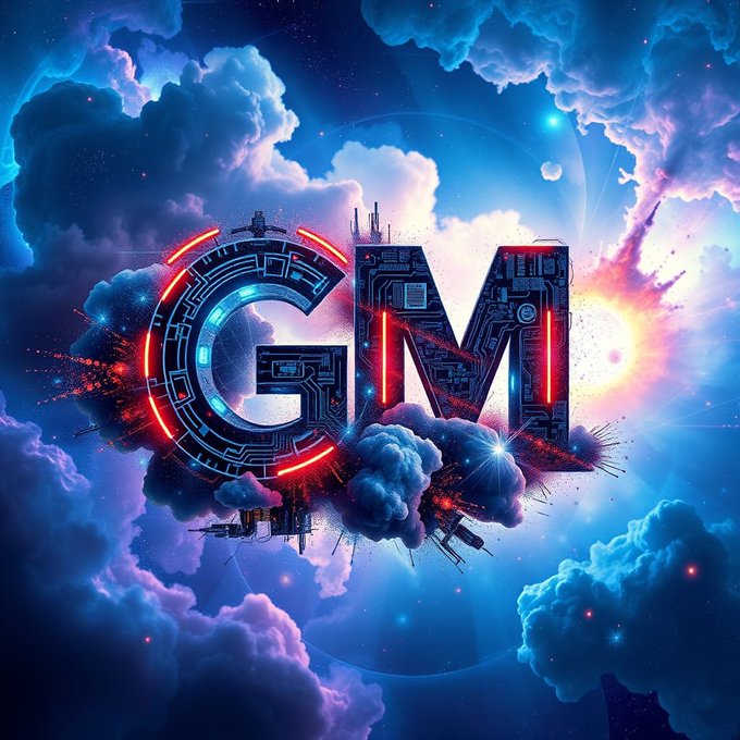 A vibrant, cyberpunk-style digital artwork featuring the letters 'GM' constructed from circuitry and neon red and blue accents, set against a dramatic cosmic background of swirling clouds and stars.
