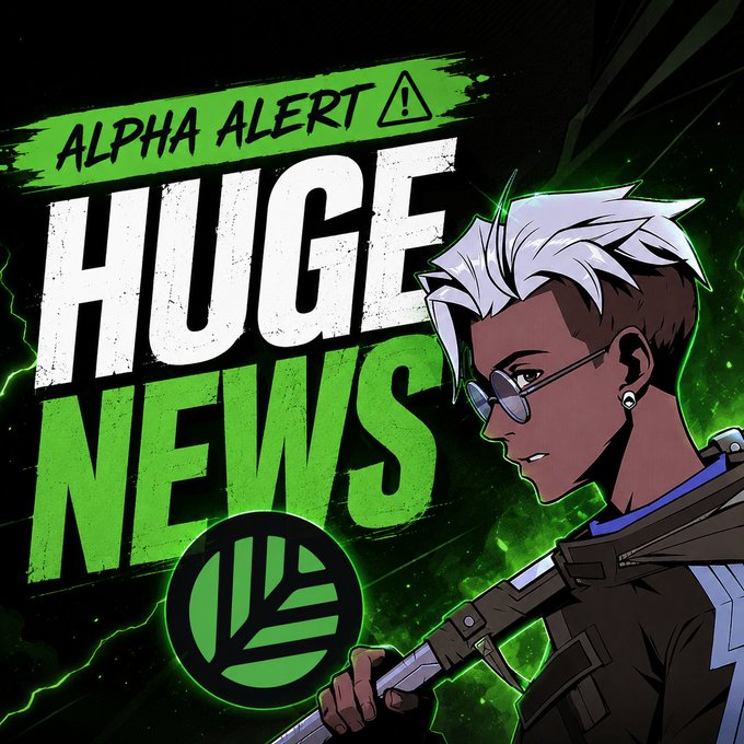 An anime-style character with silver hair and sunglasses holds a weapon against a green electric background, next to bold text reading "ALPHA ALERT" and "HUGE NEWS" with a circular logo. The image reinforces the post's announcement about Canopy's $8.5M raise, using dramatic "huge news" visuals to emphasize the project's significance in onchain infrastructure.