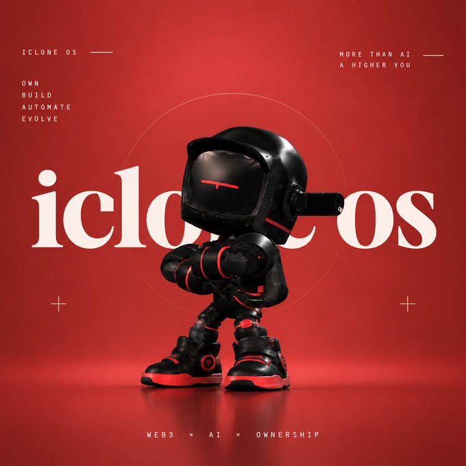 A promotional graphic for "iclone OS" features a black and red robot character against a red background, with text reading "MORE THAN AI A HIGHER YOU" and "OWN BUILD AUTOMATE EVOLVE."