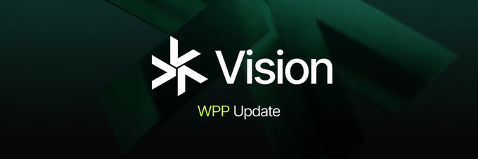 The image displays a dark green gradient background featuring the "Vision" logo alongside the text "WPP Update," visually representing the wallet/project update announcement referenced in the post, which highlights Vision Chain's ($VSN) commitment to using 10% of net sequencer revenue for periodic open-market buybacks routed via smart contract.