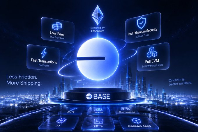 A futuristic blue-themed promotional graphic for Base blockchain featuring the Ethereum logo and features like 'Low Fees,' 'Fast Transactions,' 'Real Ethereum Security,' and 'Full EVM' surrounding a glowing sphere, with categories DeFi, Social, Consumer, AI, NFTs, and Onchain Apps below.