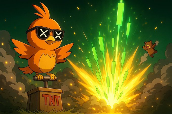A cartoon illustration of a cool bird wearing 'X' shaped sunglasses standing on a TNT box, watching green candlestick charts explode upward while a small bear flies away.