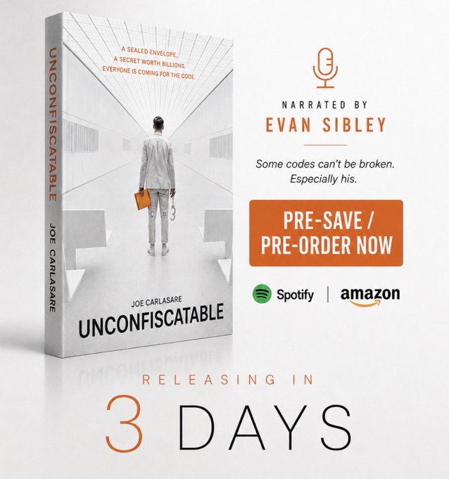 A promotional image for the audiobook 'UNCONFISCATABLE' by Joe Carlasare, narrated by Evan Sibley, available for pre-save/pre-order on Spotify and Amazon, releasing in 3 days.