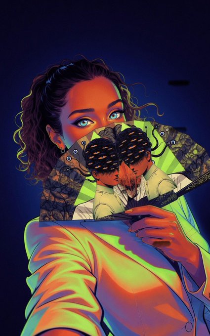 A vibrant digital portrait of a woman with curly hair holding a fan depicting two figures with patterned faces, rendered in neon green and orange hues against a dark blue background.