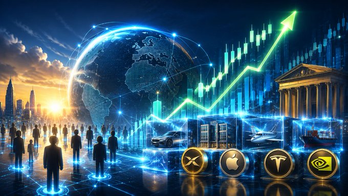 A vibrant digital artwork showing a glowing green upward arrow over financial charts and cryptocurrency logos, set against a futuristic cityscape.