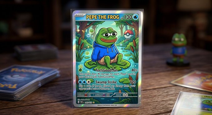 A custom Pokémon-style trading card featuring 'PEPE THE FROG' with 130 HP, showing the character in a blue hoodie in a swamp setting, with attacks named 'FeelsGoodMan' (40×) and 'Swamp Strike' (120).