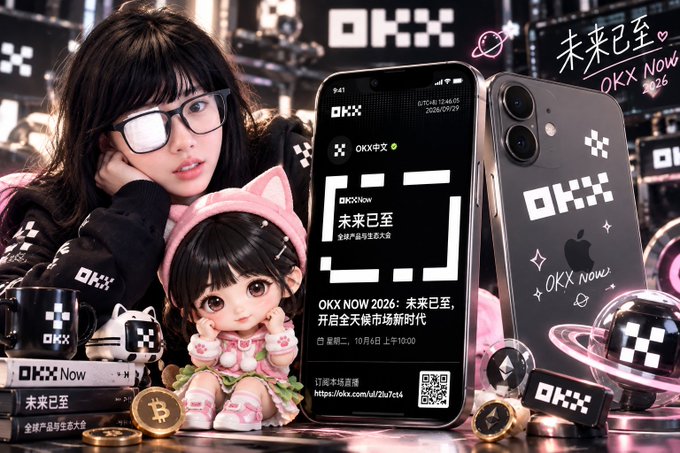 A woman wearing an OKX-branded jacket poses alongside a smartphone displaying the "OKX NOW 2026: 未來已至" livestream event page, scheduled for October 6th at 10:00 AM, with the supporting text confirming her anticipation for the upcoming product launch announcement.