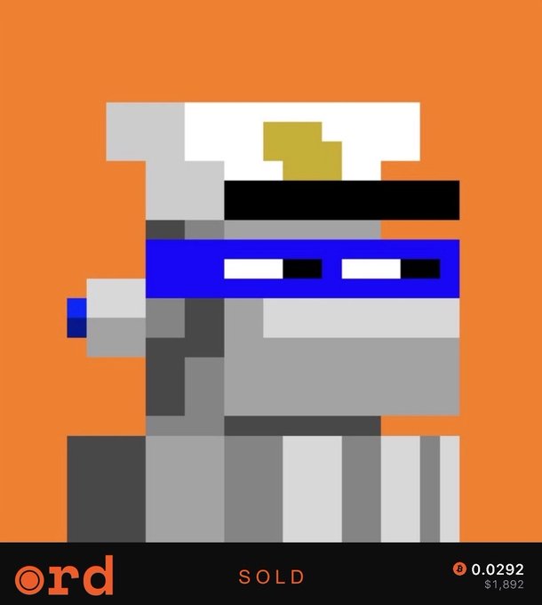 A digital artwork features a pixelated, blocky figure wearing a blue band and white headpiece on an orange background, with "ord", "SOLD", and "0.0292 / $1,892" visible at the bottom.
