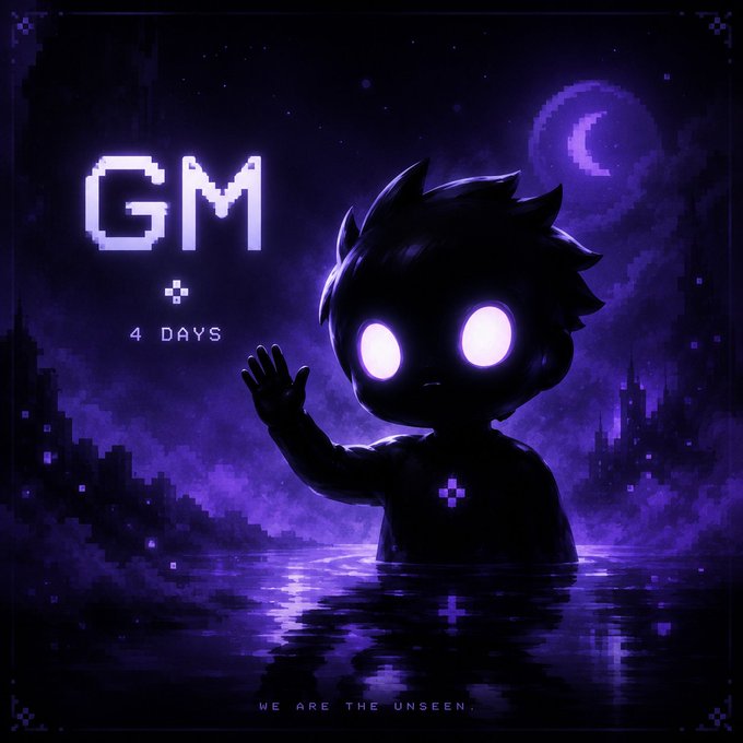 A pixel-art style digital illustration features a dark, shadowy character with glowing purple eyes waving from water, with text reading 'GM', '4 DAYS', and 'WE ARE THE UNSEEN.'