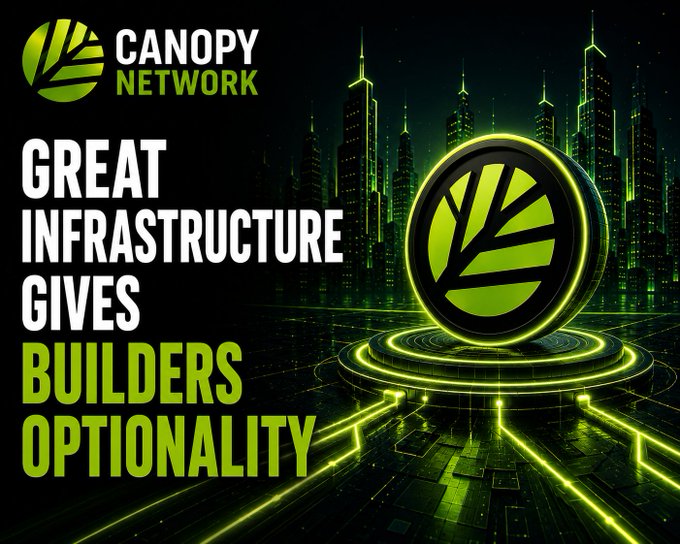 A promotional graphic for 'CANOPY NETWORK' featuring a glowing green logo against a futuristic city skyline, with the text 'GREAT INFRASTRUCTURE GIVES BUILDERS OPTIONALITY'.