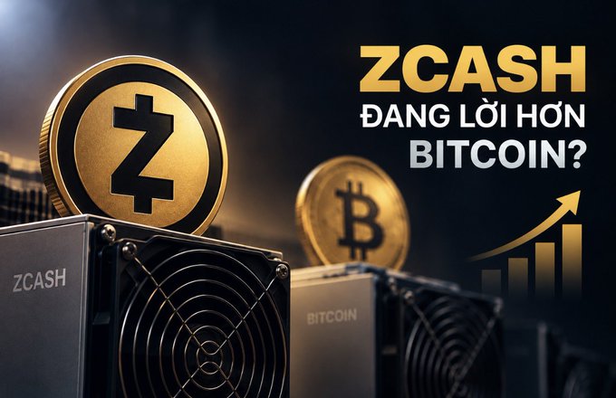 A promotional graphic for ZCASH featuring gold Zcash and Bitcoin coins on mining hardware, with Vietnamese text reading 'ZCASH ĐANG LỎI HƠN BITCOIN?' alongside an upward-trending bar chart.
