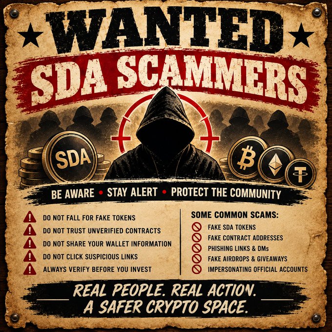 A vintage-style 'WANTED: SDA SCAMMERS' poster warning about cryptocurrency scams, featuring a hooded figure, coins labeled 'SDA', Bitcoin, Ethereum, and Tether, with safety tips like 'DO NOT FALL FOR FAKE TOKENS' and 'ALWAYS VERIFY BEFORE YOU INVEST'.