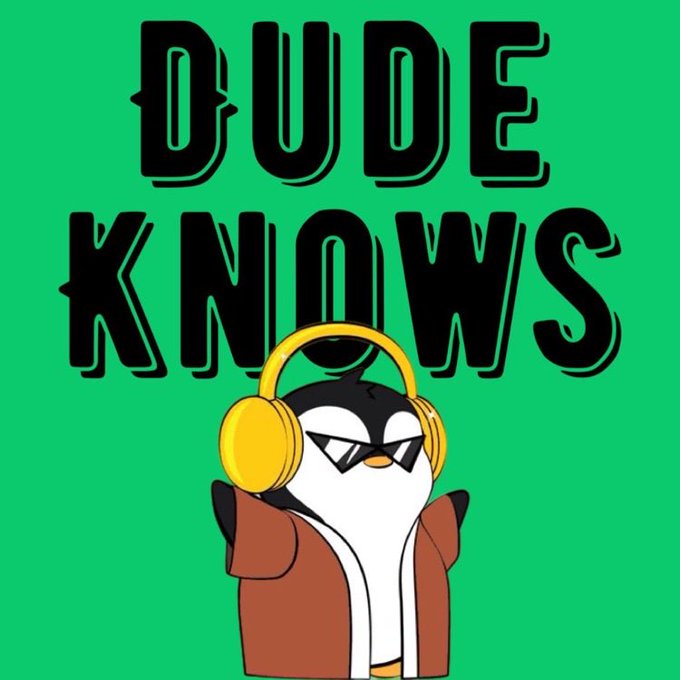 An illustration of a penguin wearing sunglasses, a brown jacket, and yellow headphones on a green background with the bold text 'DUDE KNOWS' above it.