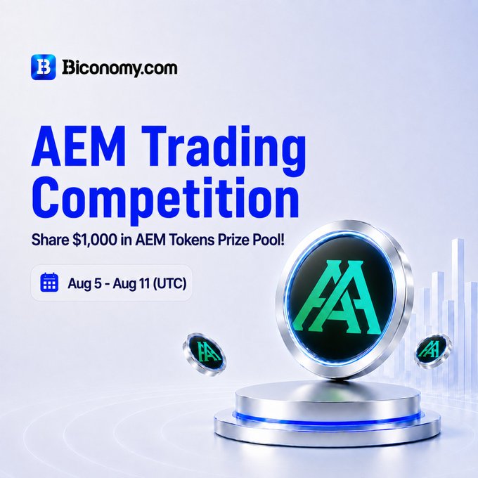 A promotional banner for the AEM Trading Competition on Biconomy.com, featuring a $1,000 AEM token prize pool running from August 5-11 (UTC), alongside 3D renderings of the AEM token logo on a podium. The image visually reinforces the post's call for traders to compete for a share of the prize pool.