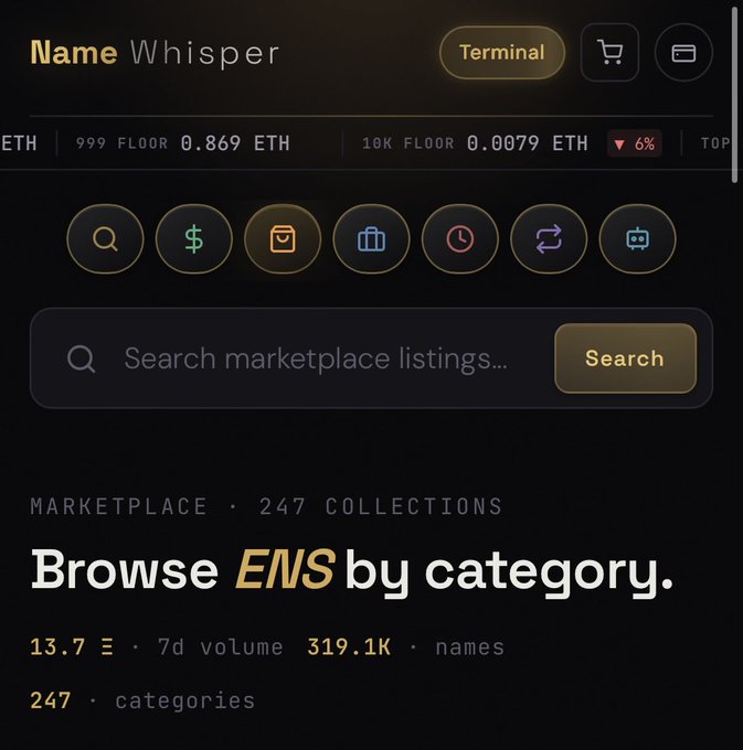 A webpage interface for 'Name Whisper' featuring a marketplace search bar with icons, showing listings including 999 floor 0.869 ETH, 10K floor 0.0079 ETH, and text reading 'Browse ENS by category' with 247 collections.