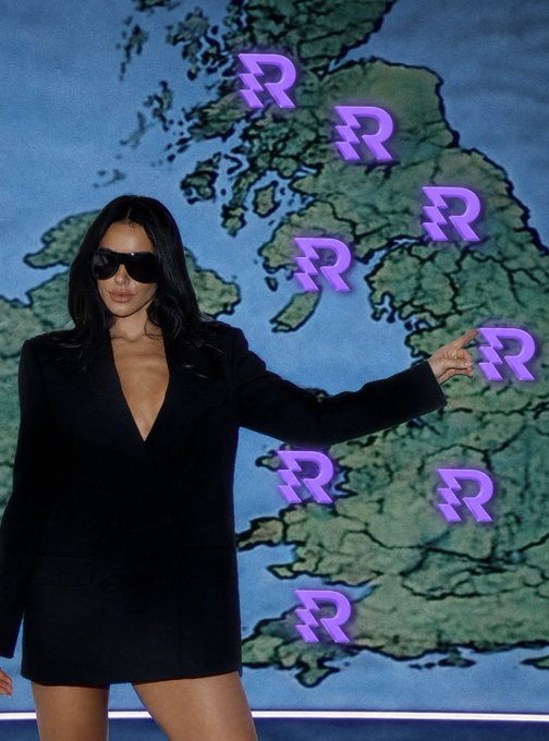 A woman in a black blazer dress and sunglasses points at a map background overlaid with multiple purple 'R' logos.