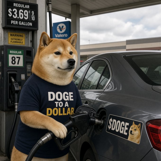An anthropomorphic Shiba Inu wearing a "DOGE TO A DOLLAR" t-shirt pumps gas priced at $3.69⁹⁄₁₀ per gallon at a Valero station, while a "$DOGE" sticker featuring the same dog decorates the car's fuel door—humorously illustrating the post's caption about "filling the tank with $DOGE."