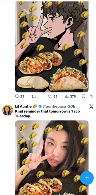 Two tweets from X by @auntiepaca celebrating Taco Tuesday, featuring anime and photographic portraits of a peace-signing user decorated with floating taco emojis and taco images. The post notes "Algo cooked here @_Jonasweb3 @auntiepaca Happy Taco Tuesday," highlighting the stylized emoji-overlay effect applied to both images.