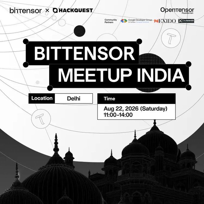 Event poster for the 'BITTENSOR MEETUP INDIA' hosted in Delhi on Aug 22, 2026 (Saturday) from 11:00-14:00, with logos for HackQuest, OpenTensor Foundation, and Google Developer Groups.