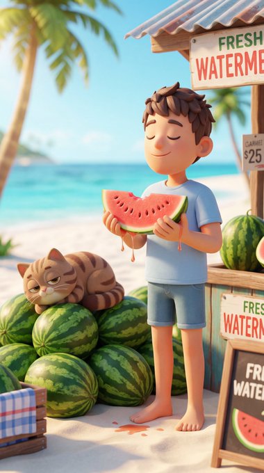 The image features a young boy standing next to a fruit stand, holding a slice of watermelon. The fruit stand has a sign that says "Fresh Watermelon" above it. A cat can be seen sleeping under the fruit stand on the beach.