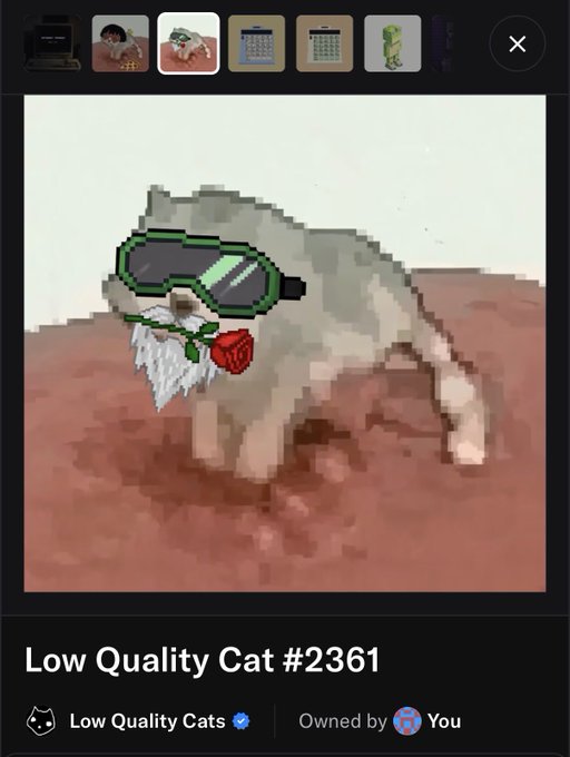 An NFT listing titled 'Low Quality Cat #2361' from the Low Quality Cats collection, showing a pixelated cat with green goggles and a red rose on its chest, marked as 'Owned by You'.