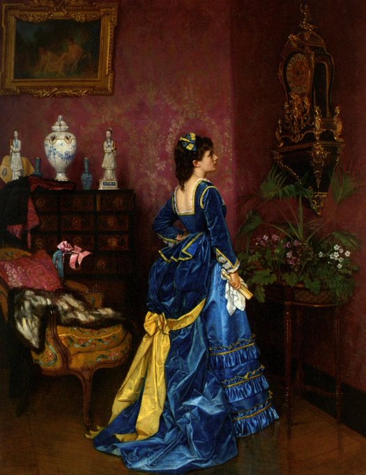 A classical oil painting of a woman in an elaborate Victorian-era blue and yellow gown standing in a richly decorated room with red patterned wallpaper, an ornate cabinet, and a grandfather clock.