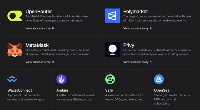 A directory webpage listing crypto and web3 companies including OpenRouter, Polymarket, MetaMask, Privy, WalletConnect, Ambire, Safe, and OpenSea.