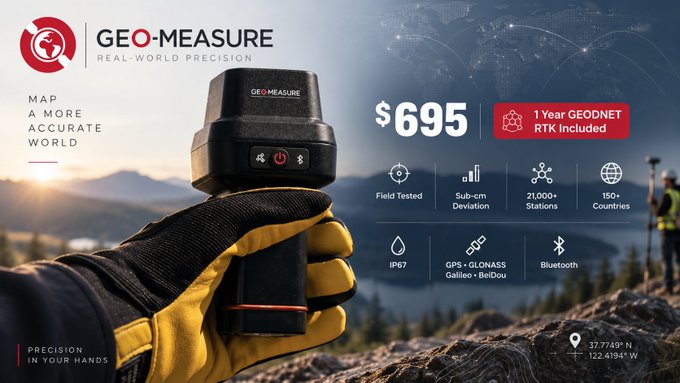 An advertisement for the 'GEO-MEASURE' device features a rugged GPS unit held by a hand in a yellow and black glove. The graphic highlights a price of '$695', includes '1 Year GEODNET RTK Included', and lists features like 'Field Tested', 'Sub-cm Deviation', 'IP67', and 'Bluetooth', set against a backdrop of construction workers surveying a mountainous area.