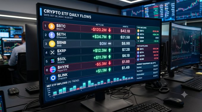 A trading workstation displays a 'CRYPTO ETF DAILY FLOWS' dashboard dated Oct 29, 2024, listing net flows for assets including $BTC (-$120.2M), $ETH (+$34.7M), $BNB, $XRP, $SOL, $HYPE, and $LINK, alongside a bar chart of the 7-day net ETF inflow trend.