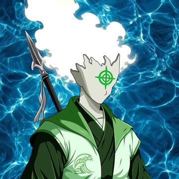 An anime-style character with white hair, a green crosshair eye, and a spear, wearing a green robe with a wave emblem, stands against a rippling blue water background—stylized artwork commonly shared in crypto/Web3 communities for "gm" (good morning) greetings.
