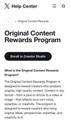A screenshot of an X (formerly Twitter) Help Center page displays information about the 'Original Content Rewards Program'.
