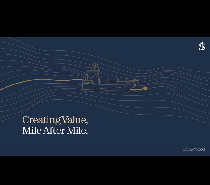 A dark blue promotional banner for Ethra Protocol featuring a stylized line drawing of a ship on waves, with the text 'Creating Value, Mile After Mile.' and a dollar sign logo in the corner.
