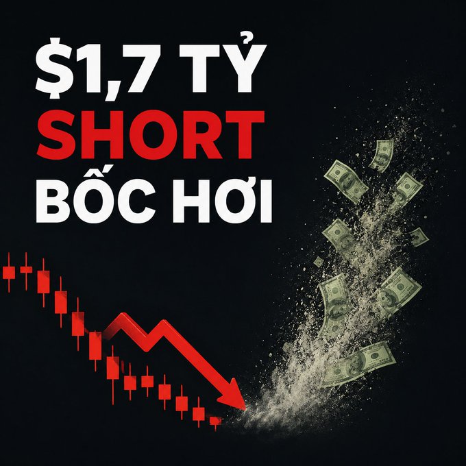A dramatic financial graphic on a black background displays bold text reading "$1,7 TỶ SHORT BỐC HƠI" (Vietnamese for "$1.7 Billion Short Evaporated"), accompanied by a descending red candlestick chart with a downward arrow and an explosion of US dollar bills scattering into dust—visually illustrating the historic short squeeze mentioned in the post, where 19/08/2026 saw over $1.7 billion in short liquidations, surpassing previous record events from 07/2021 ($880M+) and 03/2023 ($700M).