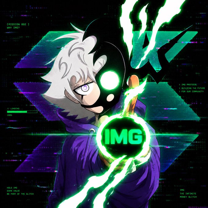 The image features a cartoon character with white hair, wearing a purple hoodie, holding a green ball with an "IMG" logo at its center. The background of the image is black and filled with various lines and shapes, creating a futuristic atmosphere. The caption below the image reads, "Behind every holder is a story worth telling.. My $IMG journey @IMGProtocolHQ I chose IMG because it challenges the idea that networks should only extract value from users."