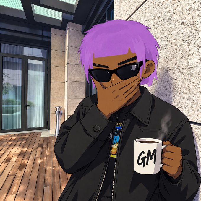 An anime-style illustration of a character with purple hair and dark sunglasses covering their mouth, wearing a black jacket and holding a white mug that says 'GM'.