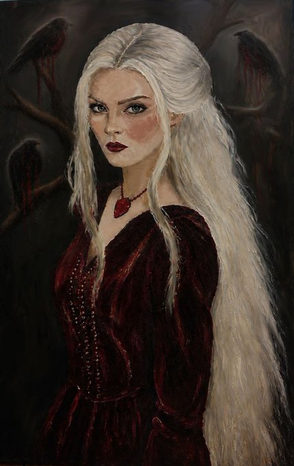 A painted portrait of a pale woman with long, wavy white hair, wearing a dark red velvet dress and matching choker, standing against a dark background with crows perched on branches.