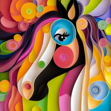 A vibrant, cubist-style illustration of a horse composed of colorful swirls and geometric shapes in bright hues, echoing the "Mrs. Ed" name from the lottery announcement. The post celebrates Quill & Chill lottery winner #470, "Mrs. Ed," with exclusive prizes sent to the winner.