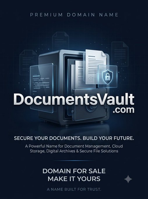 An advertisement for the premium domain name 'DocumentsVault.com', promoting it for secure document management, cloud storage, and digital archives.