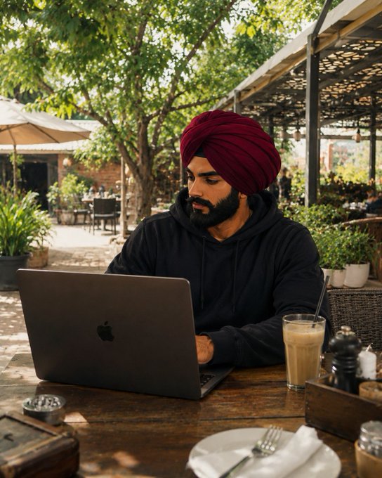A man wearing a maroon turban and black hoodie works on an Apple laptop at an outdoor café table with an iced coffee drink beside him.
