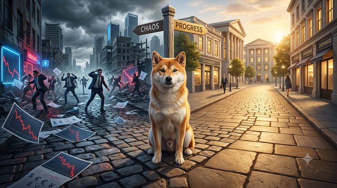 A digitally composed image of a Shiba Inu dog sitting on a cobblestone street at a signpost pointing toward 'CHAOS' (with rioters and falling stock charts) and 'PROGRESS' (with bright, orderly buildings and citizens).