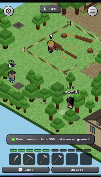 A pixel-art mobile game screenshot shows characters including 'djiin' (lvl 8) and 'Lawsett' (lvl 2) in a forested area with a 'Quest complete: Mine 300 coal - reward granted!' notification and an inventory toolbar at the bottom.