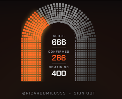 A digital progress tracker displays "SPOTS 666", "CONFIRMED 266", and "REMAINING 400" with an orange dotted arch, labeled "@RICARDOMILOS35 · SIGN OUT".