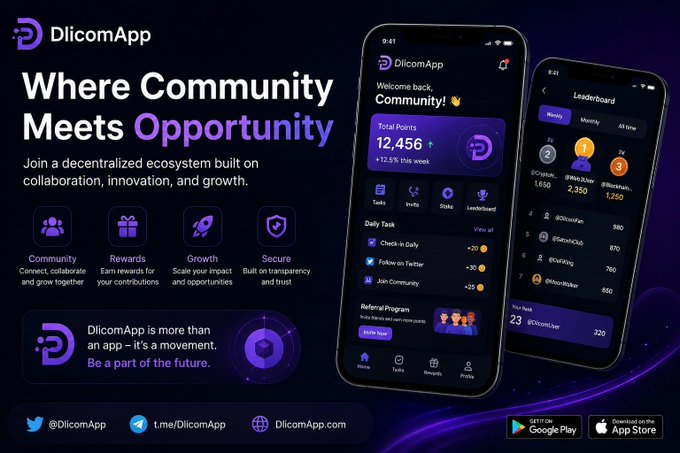 The image features two phones side by side with the text "Where Community Meets Opportunity" displayed above them. The phones appear to be from the Dlicom app, which is a platform for cryptocurrency trading. The background of the image has a dark purple hue and includes various icons related to the app's features or services.