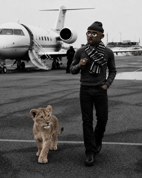 A black-and-white image shows an avatar figure wearing a beanie and scarf walking alongside a lion cub on a tarmac in front of a private jet.