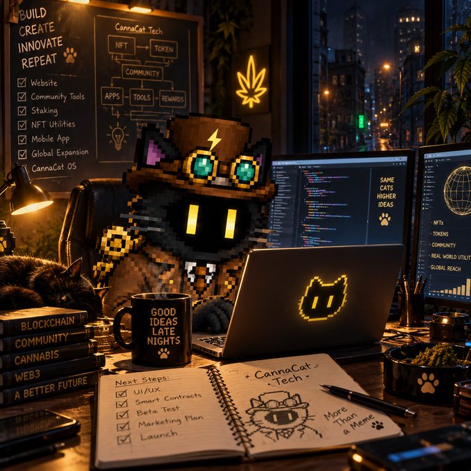 A pixel-art style character at a desk with a laptop displaying a cat logo, surrounded by items including a 'Good Ideas Late Nights' mug, notebooks with text like 'CannaCat Tech' and 'NFT', and a whiteboard with 'BUILD CREATE INNOVATE REPEAT'.