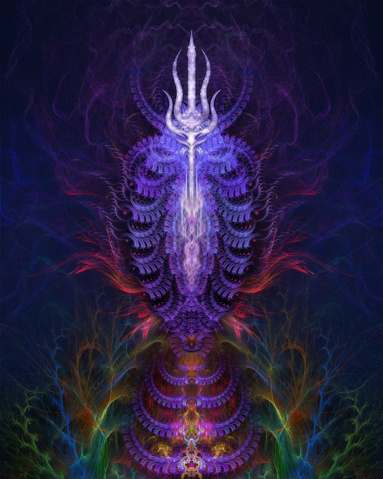 Symmetrical psychedelic digital artwork featuring a central trident shape surrounded by intricate, fractal-like patterns in purple, red, and green.
